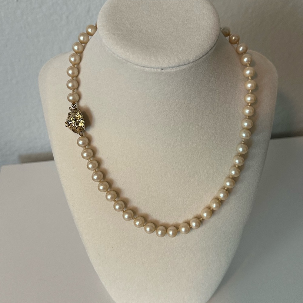 Monet Vintage Faux Pearl Necklace with Gold Lion Clasp